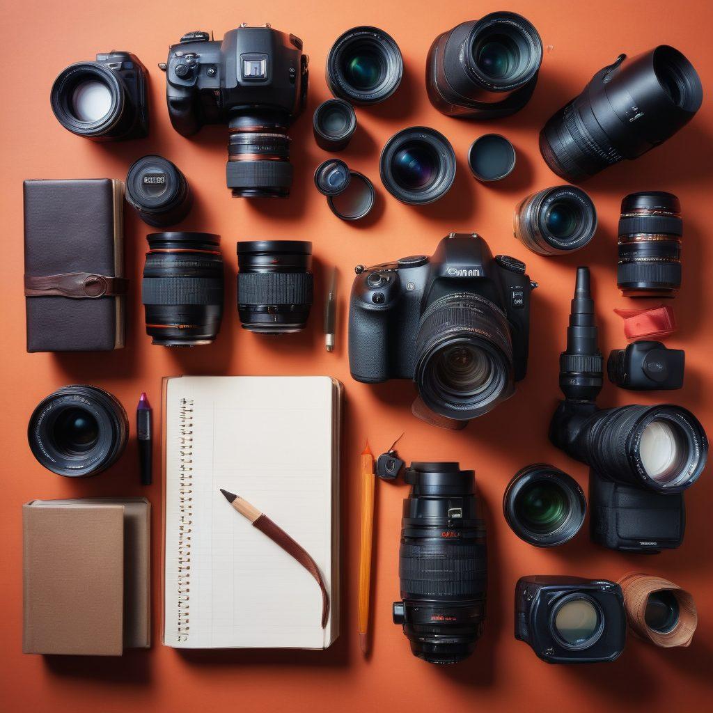 A beautifully arranged flat lay of various camera equipment including a DSLR camera, lenses, filters, and tripods, surrounded by colorful photography books and a notepad with handwritten notes. Soft natural lighting casts a warm glow, enhancing the textures and details of the gear. Create an inviting and educational atmosphere that inspires creativity in photography. super-realistic. vibrant colors. natural light.