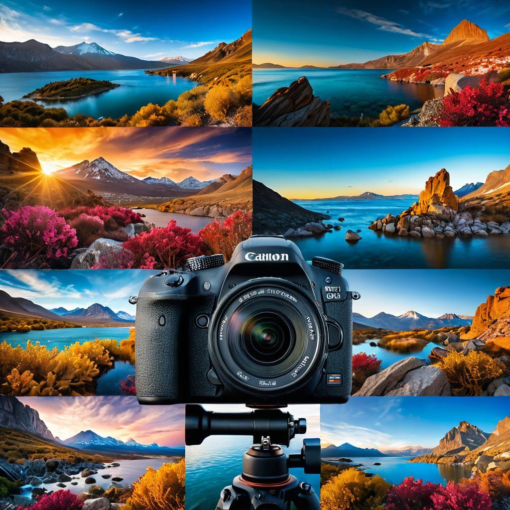 A captivating split-image showcasing the evolution of photography gear, featuring a sleek DSLR camera on one side and a rugged action camera on the other. In the background, include a dynamic montage of diverse shooting locations such as a vibrant cityscape, an adventurous mountain scene, and an underwater shot. Emphasize warm lighting and a sense of exploration. 3D. vibrant colors. imaginative and modern design.